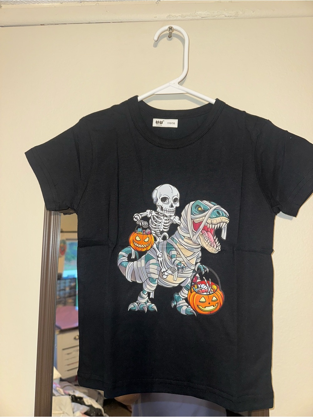 Kids Black Halloween Skeleton Dinosaur Graphic Tee for boys or girls